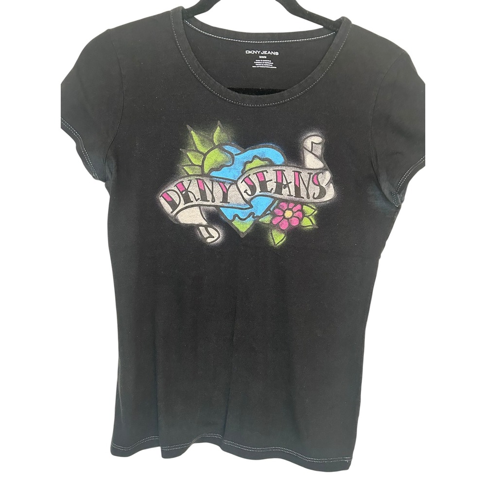 DKNY Jeans Womens Black Short Sleeve Tattoo Heart Graphic Tee Y2K Size M/M